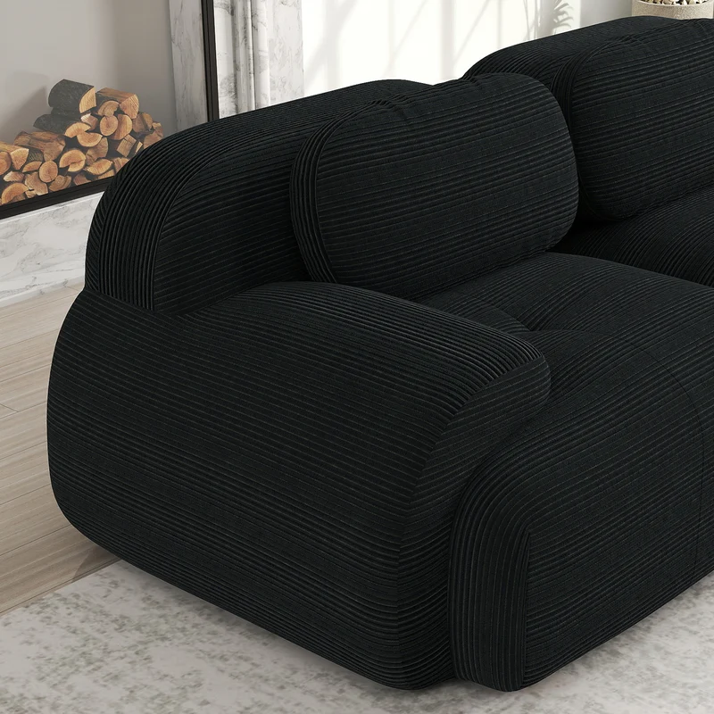 Ensemble de canapés avec accoudoirs incurvés et base antidérapante en tissu velours côtelé doux pour le salon, noir, siège 3 + tabouret 2