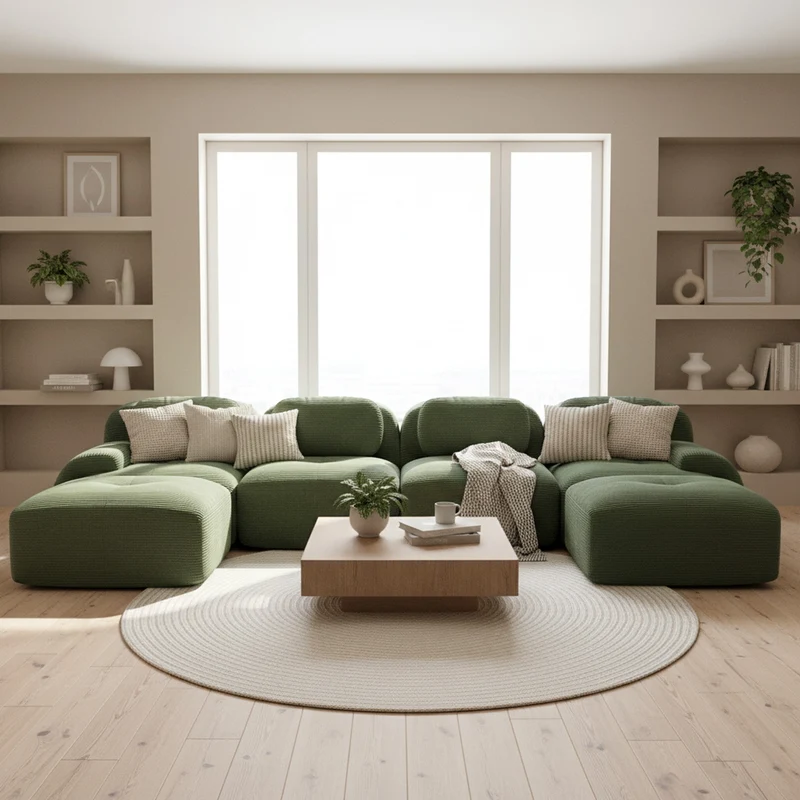 Ensemble de canapés avec accoudoirs incurvés et base antidérapante en tissu velours côtelé doux pour le salon, vert, siège 4+tabouret 2