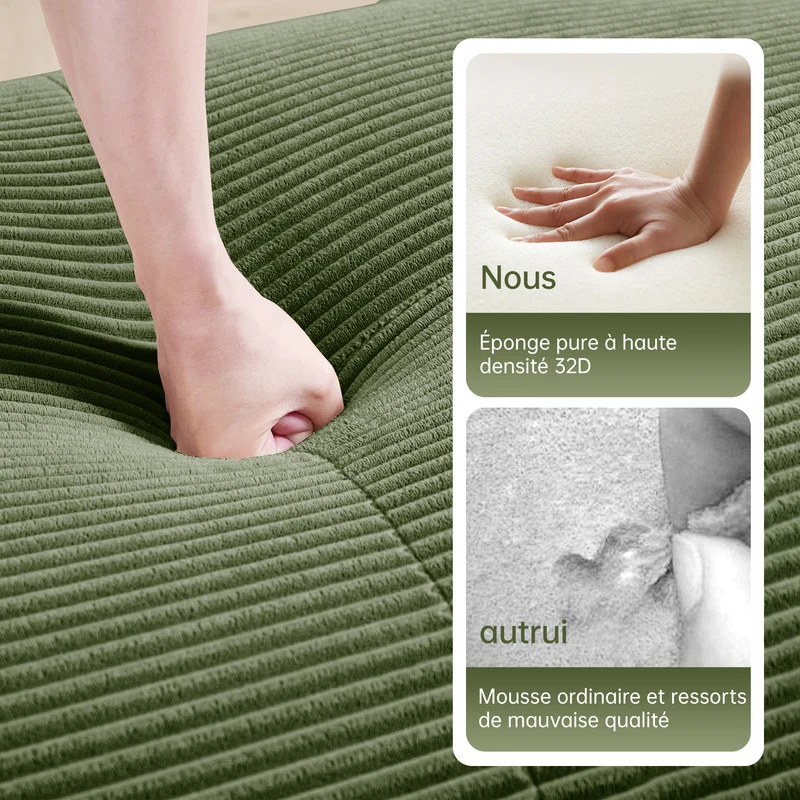 Ensemble de canapés avec accoudoirs incurvés et base antidérapante en tissu velours côtelé doux pour le salon, vert, siège 2 + tabouret 2
