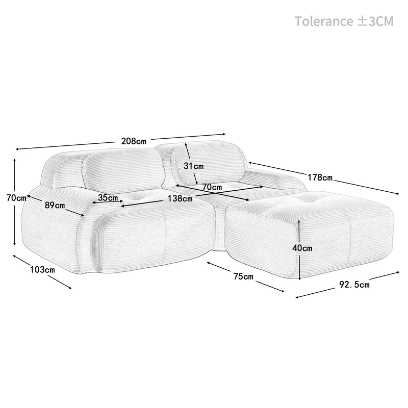 Ensemble de canapés avec accoudoirs incurvés et base antidérapante en tissu velours côtelé doux pour le salon, vert, siège 2 + tabouret 1
