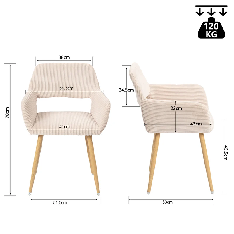 Lot de 2 fauteuils de salle à manger scandinaves avec accoudoirs en velours côtelé beige - CROMWELL CORDUROY