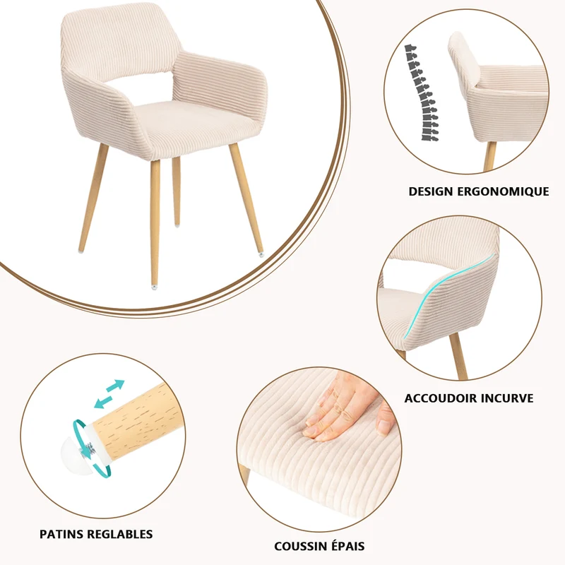Lot de 2 fauteuils de salle à manger scandinaves avec accoudoirs en velours côtelé beige - CROMWELL CORDUROY