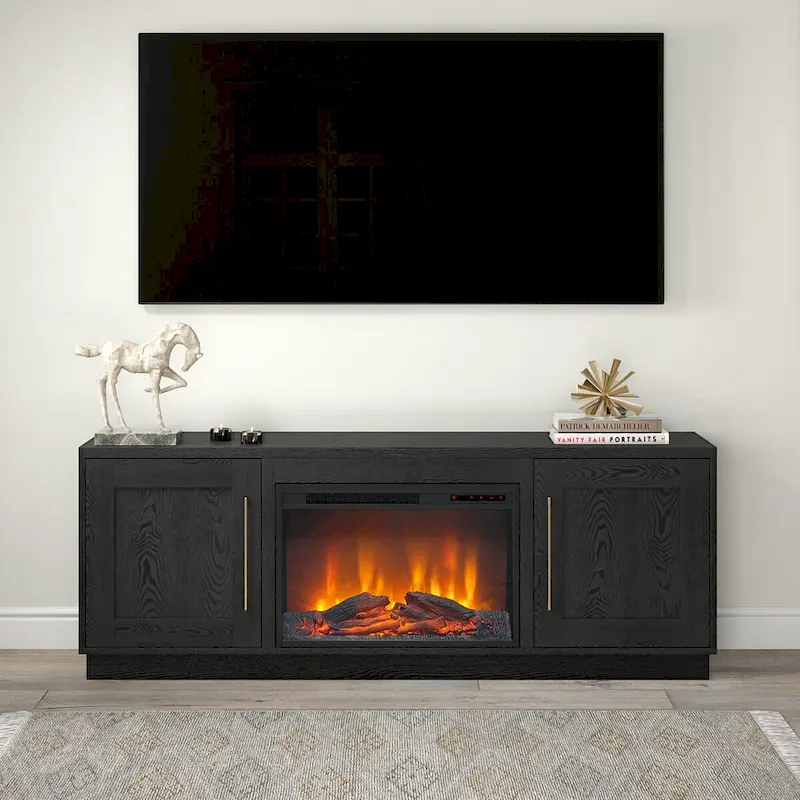 Meuble TV rectangulaire avec foyer électrique décoratif, adapté aux téléviseurs jusqu'à 75 pouces.