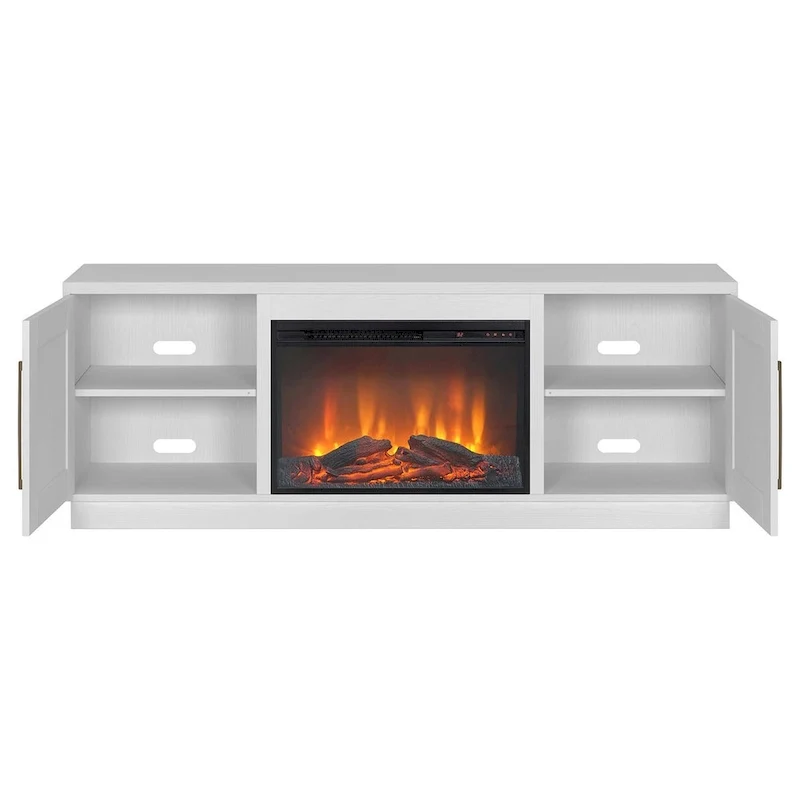 Meuble TV rectangulaire avec foyer électrique décoratif, adapté aux téléviseurs jusqu'à 75 pouces.