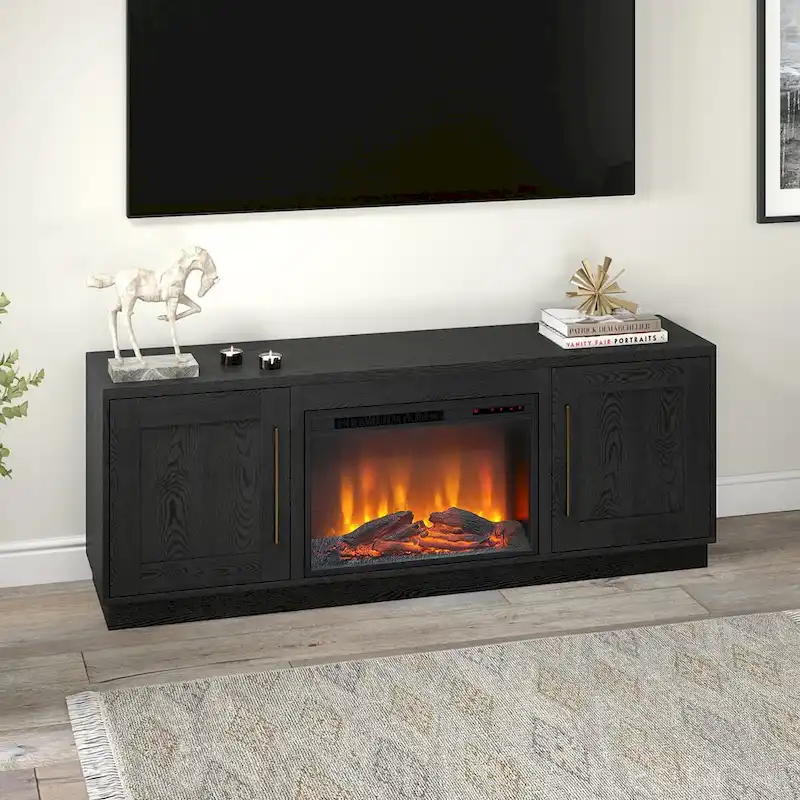 Meuble TV rectangulaire avec foyer électrique décoratif, adapté aux téléviseurs jusqu'à 75 pouces.