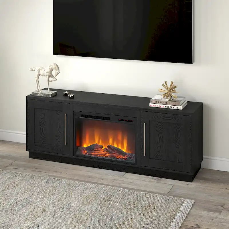 Meuble TV rectangulaire avec foyer électrique décoratif, adapté aux téléviseurs jusqu'à 75 pouces.