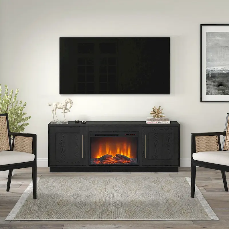 Meuble TV rectangulaire avec foyer électrique décoratif, adapté aux téléviseurs jusqu'à 75 pouces.