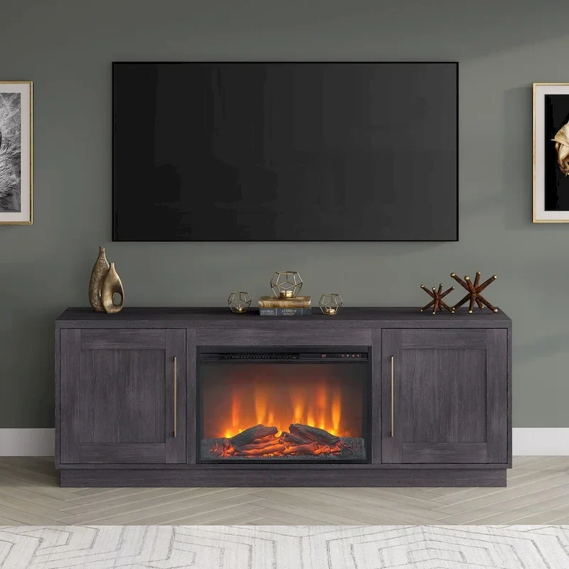 Meuble TV rectangulaire avec foyer électrique décoratif, adapté aux téléviseurs jusqu'à 75 pouces.
