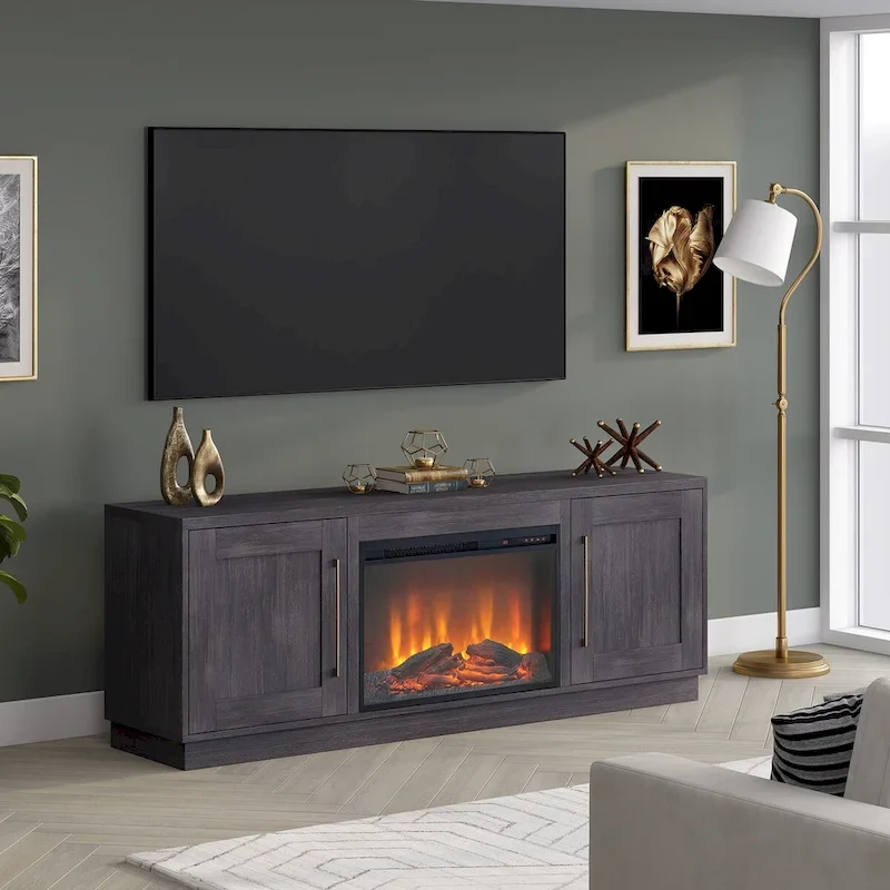 Meuble TV rectangulaire avec foyer électrique décoratif, adapté aux téléviseurs jusqu'à 75 pouces.