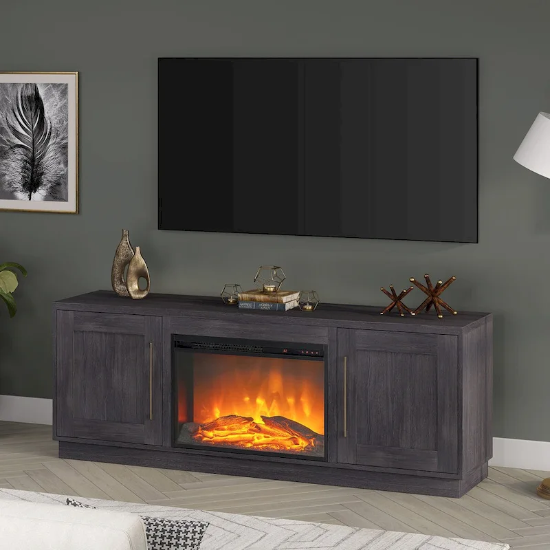Meuble TV rectangulaire avec foyer électrique décoratif, adapté aux téléviseurs jusqu'à 75 pouces.