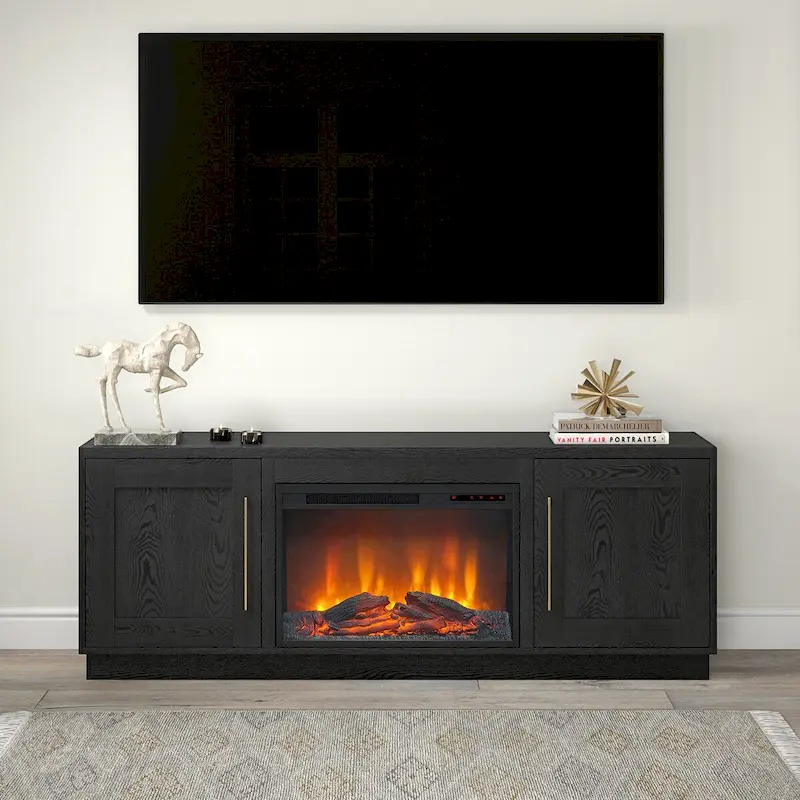 Meuble TV rectangulaire avec foyer électrique décoratif, adapté aux téléviseurs jusqu'à 75 pouces.