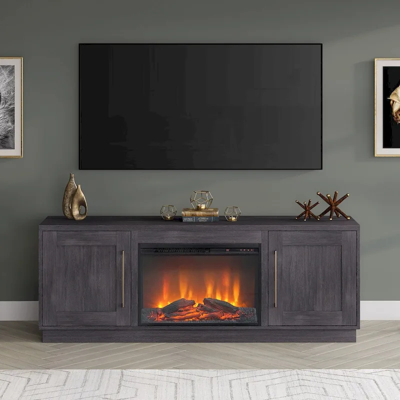 Meuble TV rectangulaire avec foyer électrique décoratif, adapté aux téléviseurs jusqu'à 75 pouces.