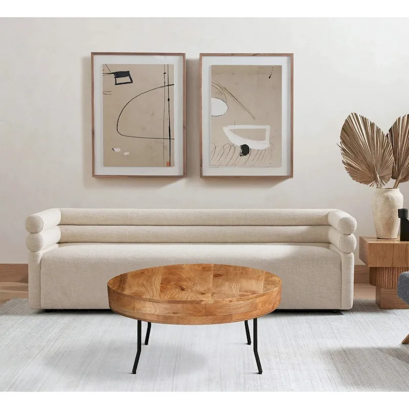 Table basse de 81 cm, plateau rond en bois de manguier fait main, pieds inclinés en métal noir