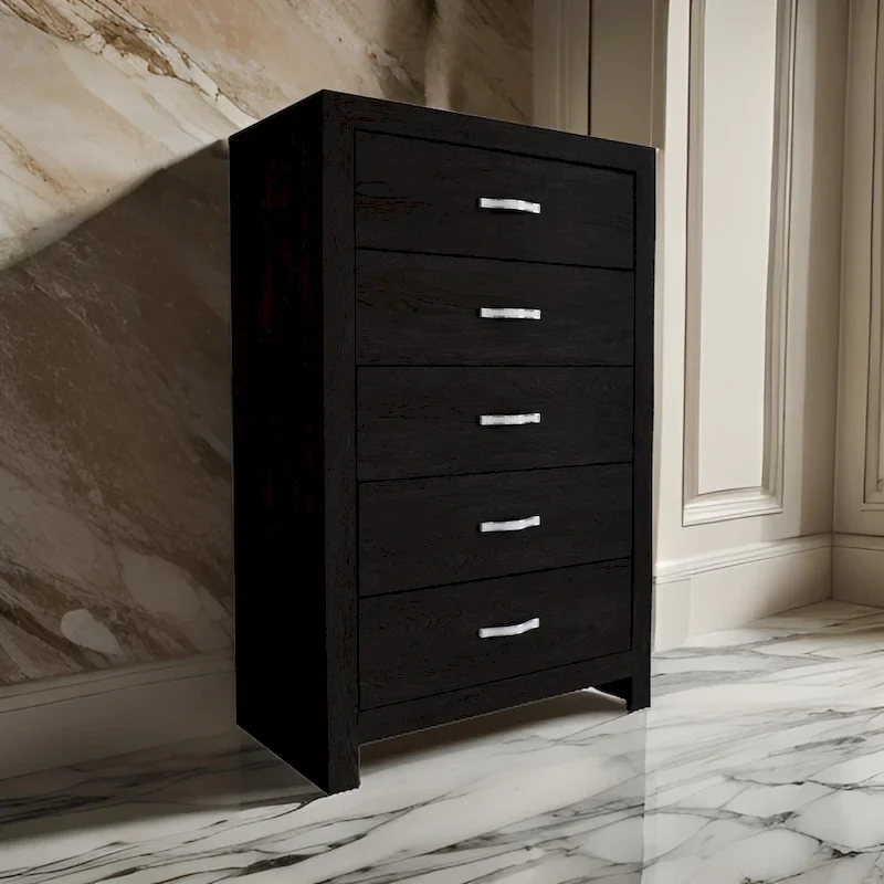 Commode à cinq tiroirs, hauteur 48 po, avec poignées incrustées imitation diamant, noire.