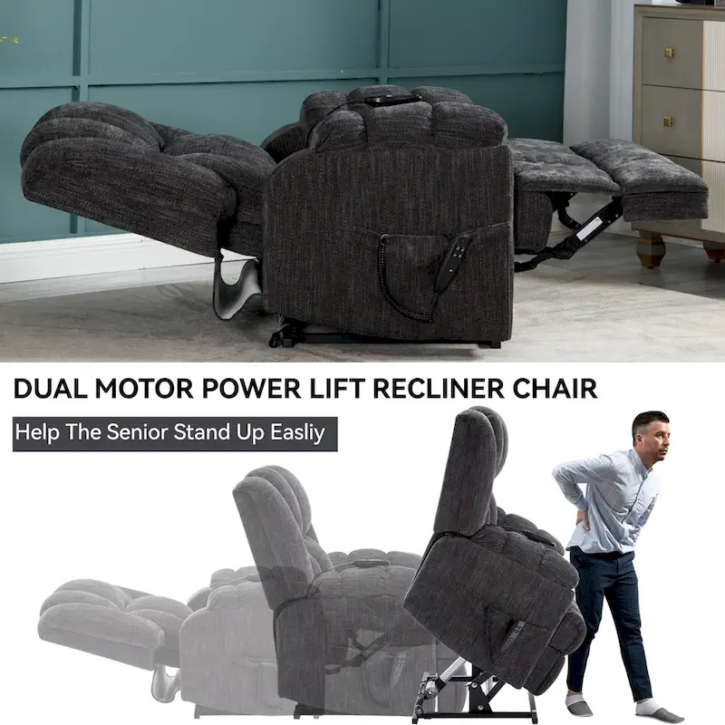 Fauteuil inclinable électrique gris extra large avec fonctions massage, chauffage et inclinaison à plat.