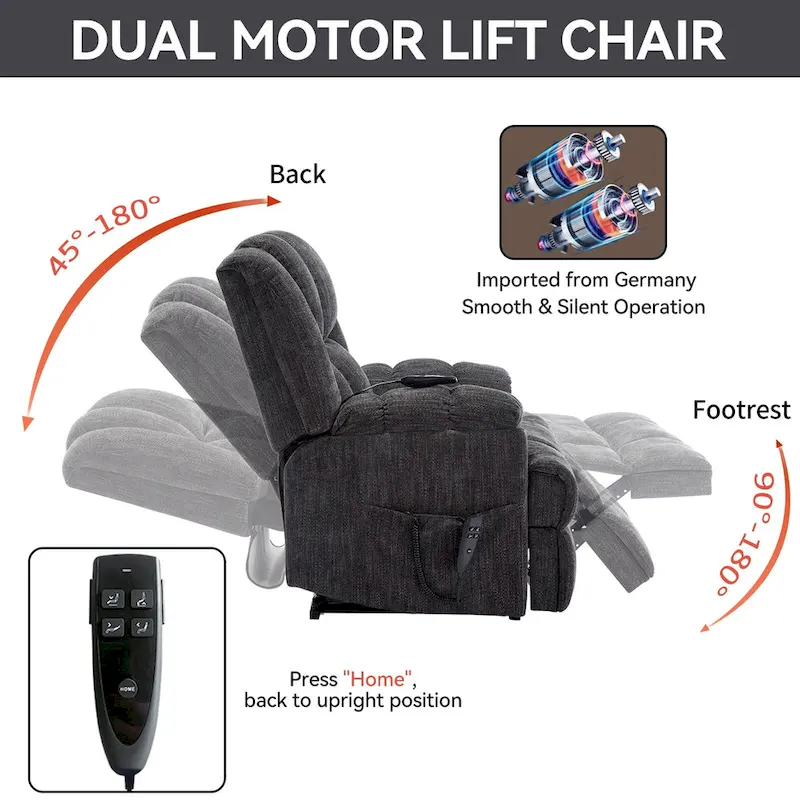 Fauteuil inclinable électrique gris extra large avec fonctions massage, chauffage et inclinaison à plat.