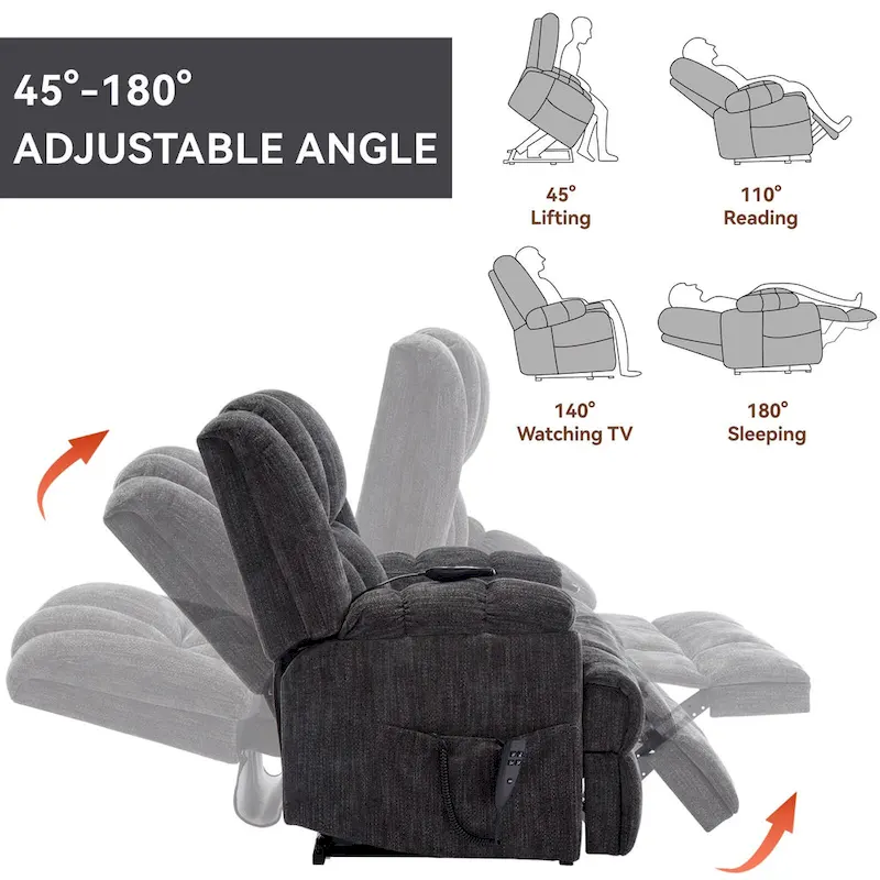 Fauteuil inclinable électrique gris extra large avec fonctions massage, chauffage et inclinaison à plat.