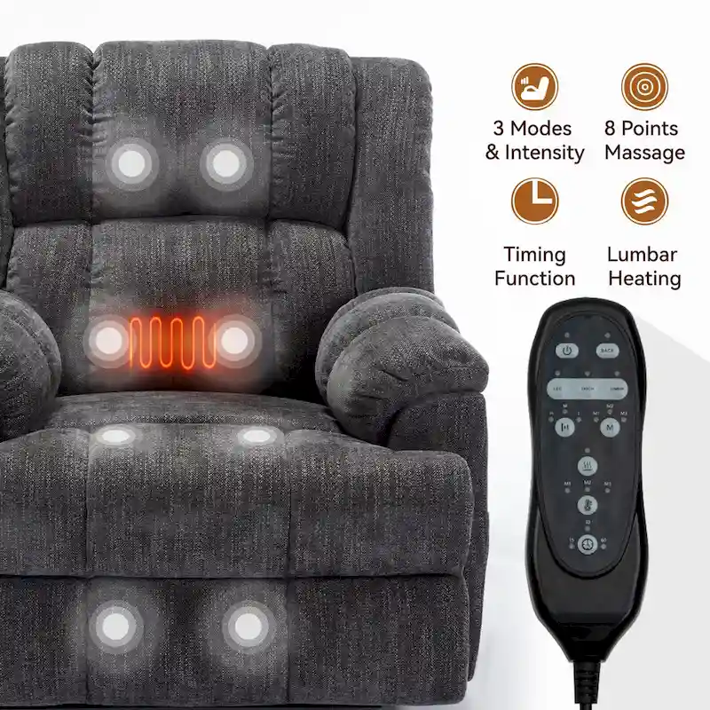 Fauteuil inclinable électrique gris extra large avec fonctions massage, chauffage et inclinaison à plat.
