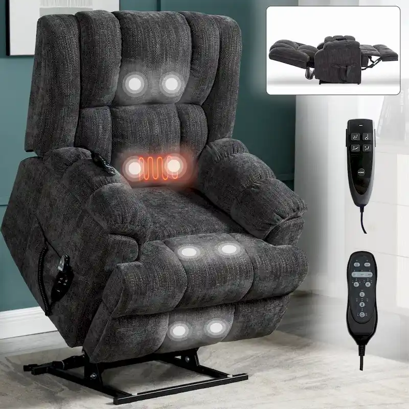 Fauteuil inclinable électrique gris extra large avec fonctions massage, chauffage et inclinaison à plat.