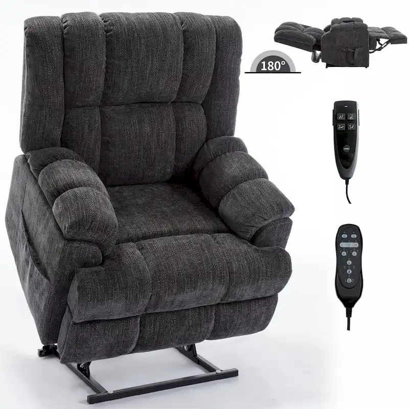 Fauteuil inclinable électrique gris extra large avec fonctions massage, chauffage et inclinaison à plat.