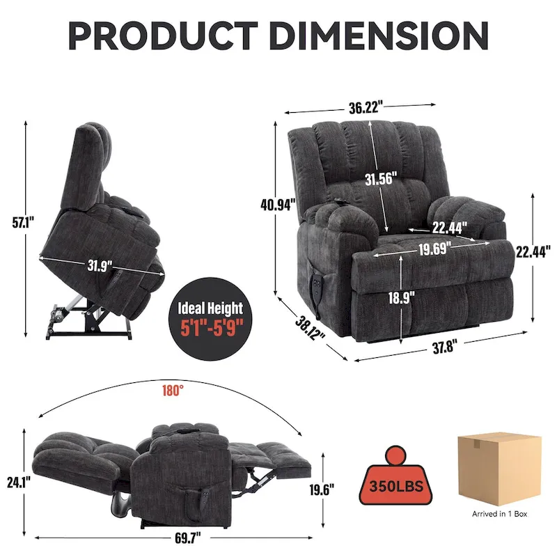 Fauteuil inclinable électrique gris extra large avec fonctions massage, chauffage et inclinaison à plat.