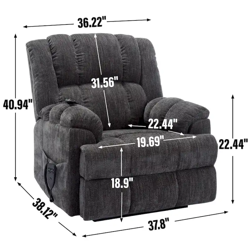 Fauteuil inclinable électrique gris extra large avec fonctions massage, chauffage et inclinaison à plat.