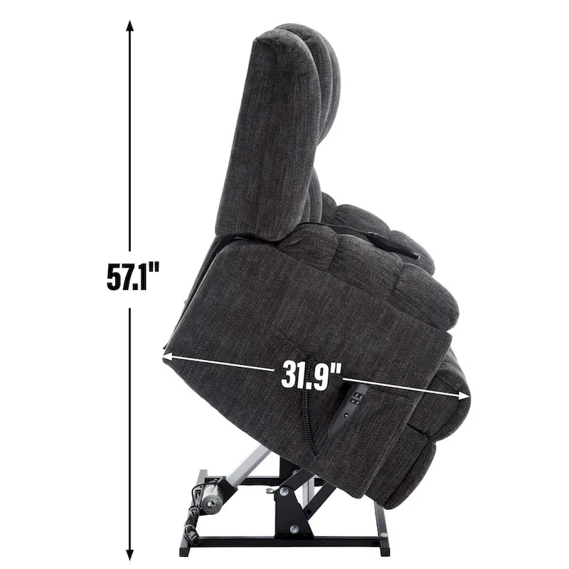 Fauteuil inclinable électrique gris extra large avec fonctions massage, chauffage et inclinaison à plat.