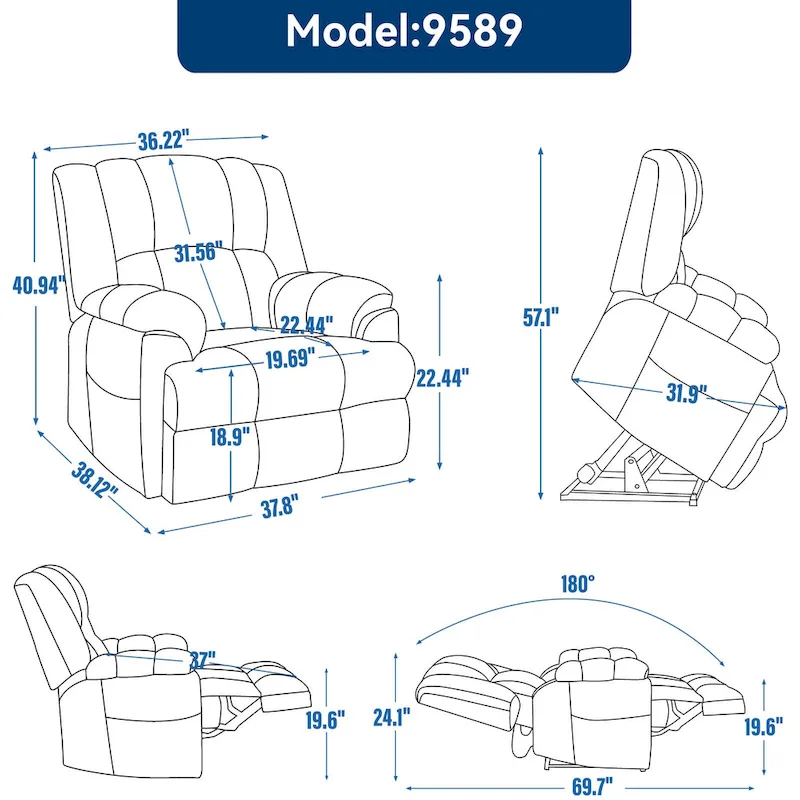 Fauteuil inclinable électrique gris extra large avec fonctions massage, chauffage et inclinaison à plat.