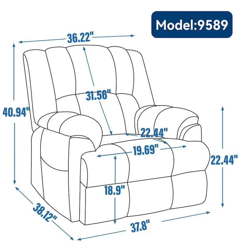 Fauteuil inclinable électrique gris extra large avec fonctions massage, chauffage et inclinaison à plat.