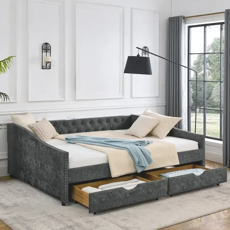 Lit de repos Queen Size avec tiroirs, canapé-lit capitonné