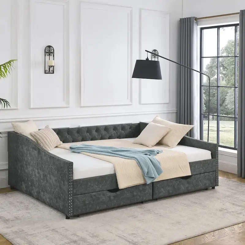 Lit de repos Queen Size avec tiroirs, canapé-lit capitonné
