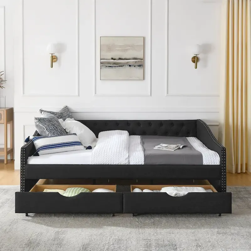 Lit de repos Queen Size avec tiroirs, canapé-lit capitonné