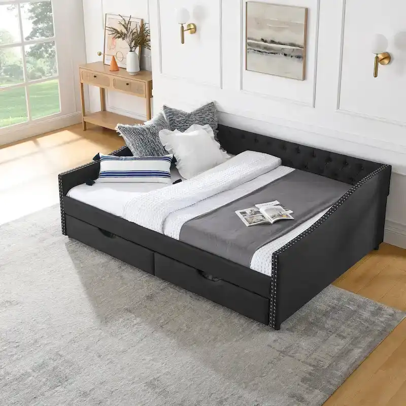 Lit de repos Queen Size avec tiroirs, canapé-lit capitonné