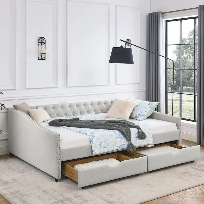 Lit de repos Queen Size avec tiroirs, canapé-lit capitonné