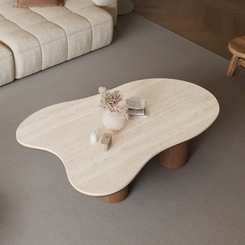 Table basse en bois moderne 48, plateau en pierre mate, en forme de nuage