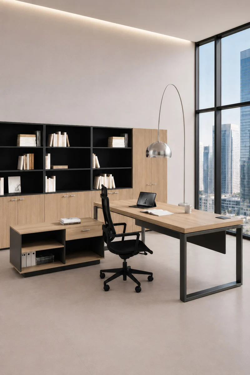 Pack Premium : Bureau de Direction AUREA avec Crédence Indépendante – Pieds Métal
