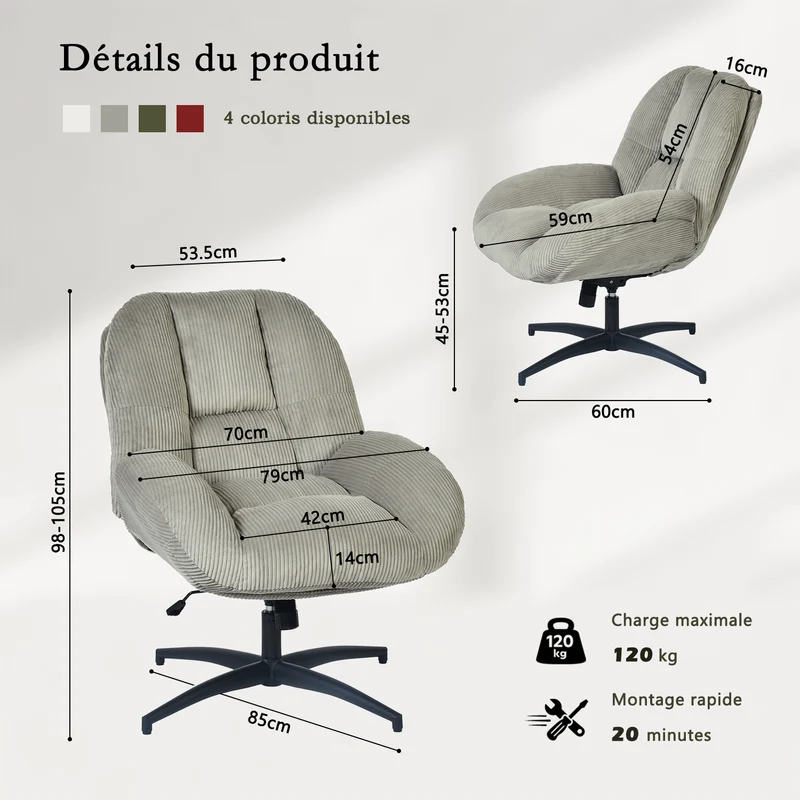 Chaise de bureau pivotante en velours côtelé gris – LITHOPS FIX
