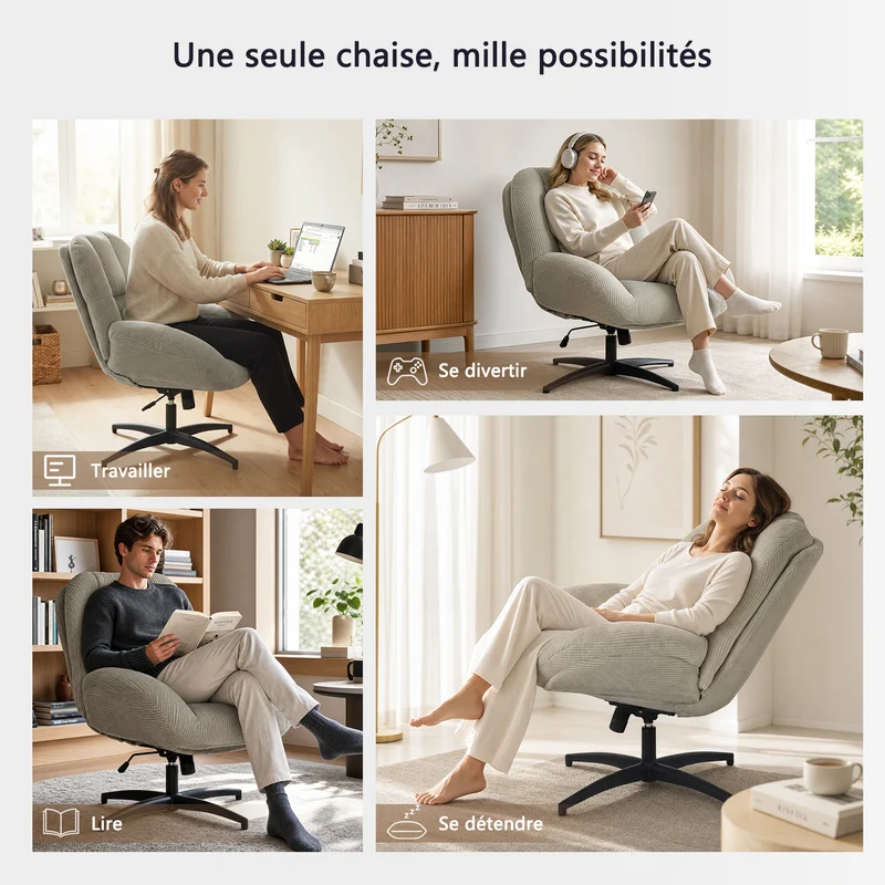 Chaise de bureau pivotante en velours côtelé gris – LITHOPS FIX