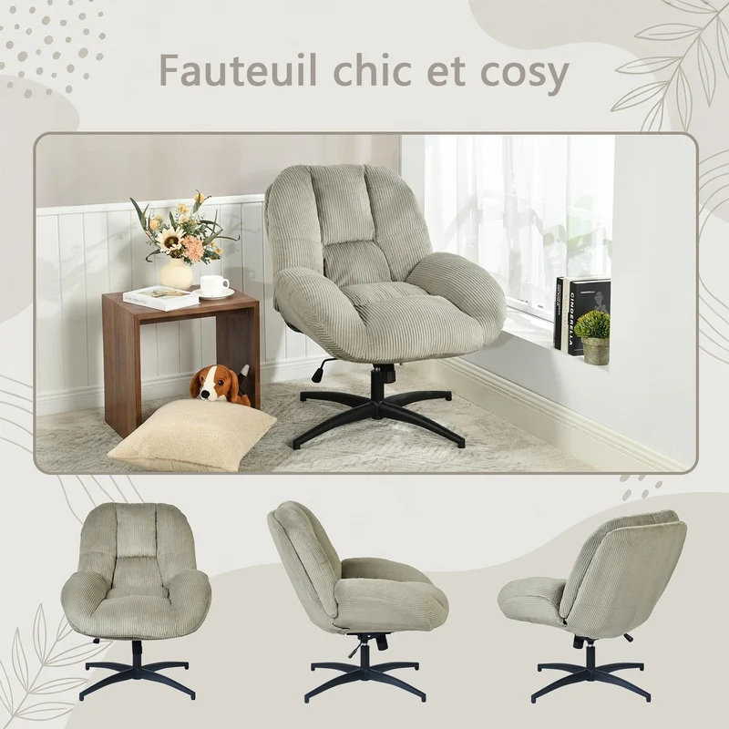 Chaise de bureau pivotante en velours côtelé gris – LITHOPS FIX