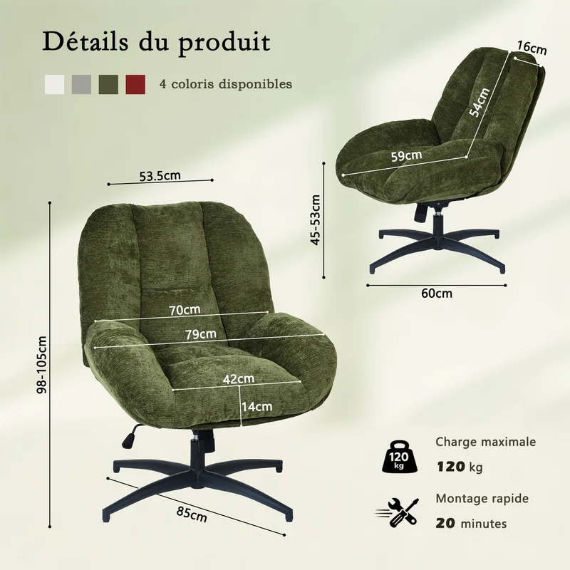 Chaise de bureau pivotante en tissu chenille vert – LITHOPS FIX
