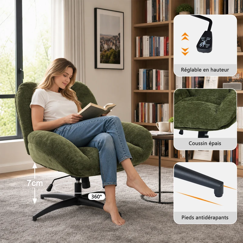 Chaise de bureau pivotante en tissu chenille vert – LITHOPS FIX