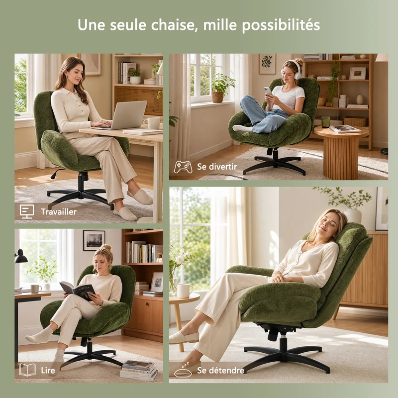 Chaise de bureau pivotante en tissu chenille vert – LITHOPS FIX