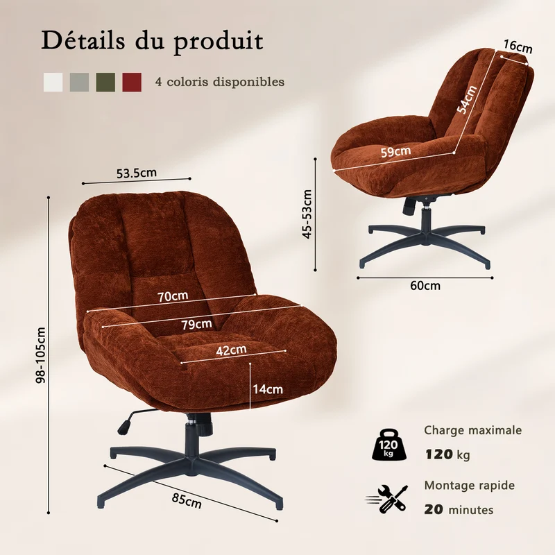 Chaise de bureau pivotante en tissu chenille terracotta – LITHOPS FIX
