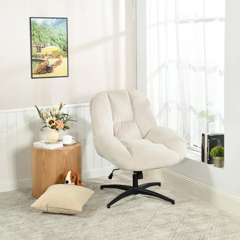 Chaise de bureau pivotante en velours côtelé beige – LITHOPS FIX