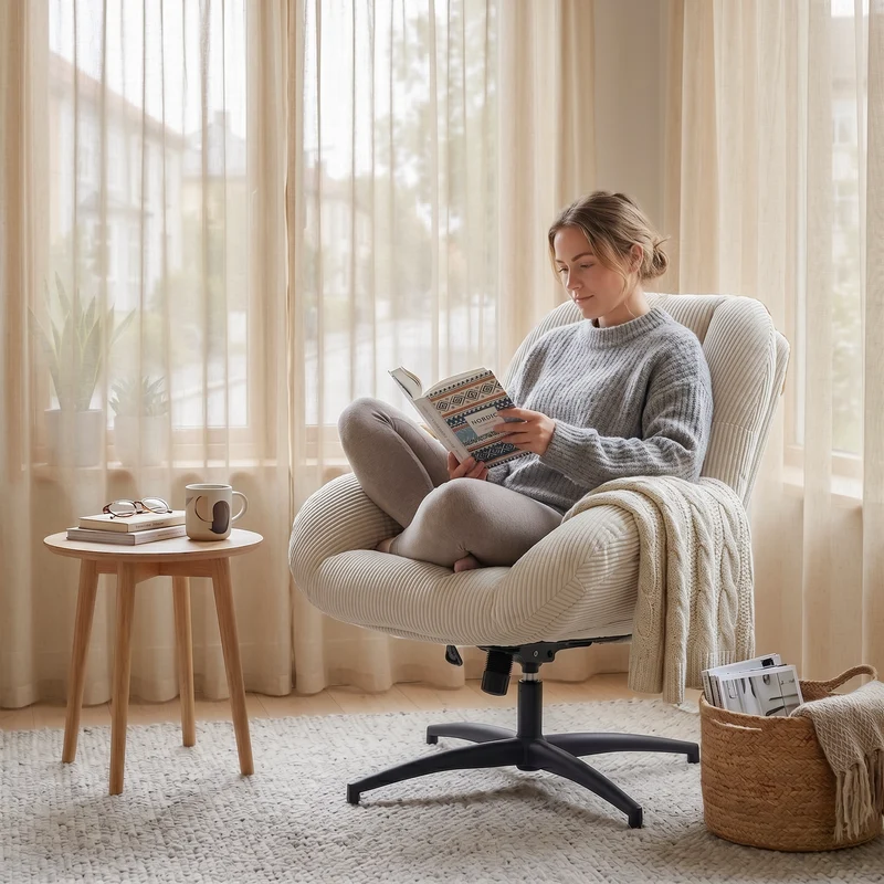 Chaise de bureau pivotante en velours côtelé beige – LITHOPS FIX