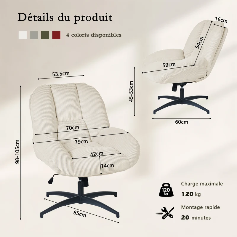 Chaise de bureau pivotante en velours côtelé beige – LITHOPS FIX
