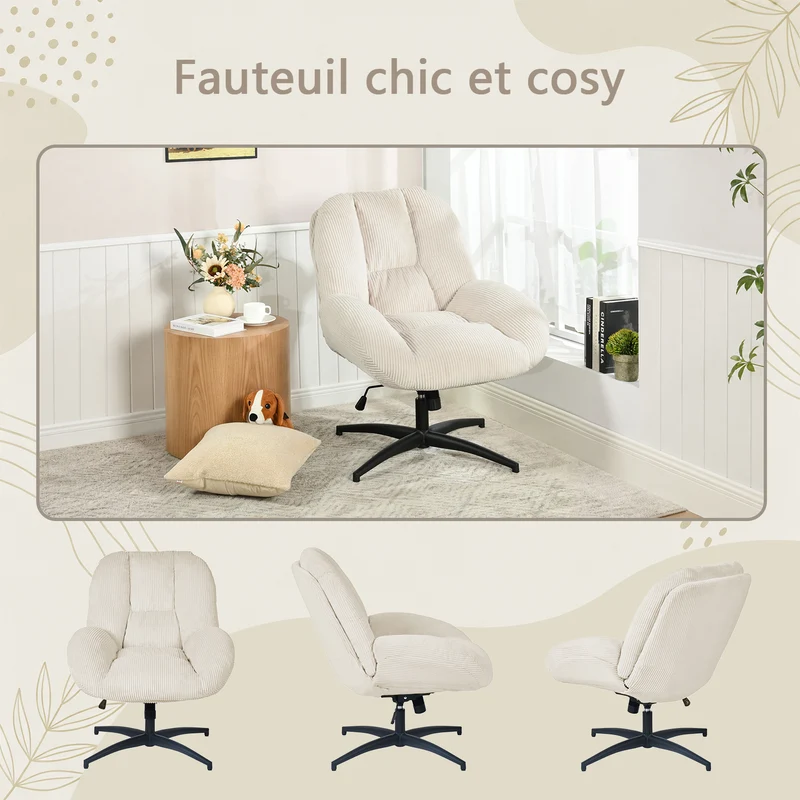 Chaise de bureau pivotante en velours côtelé beige – LITHOPS FIX