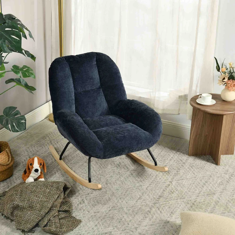 Fauteuil à bascule scandinave en tissu chenille avec accoudoirs pour salon ou chambre à coucher, bleu - LITHOPS