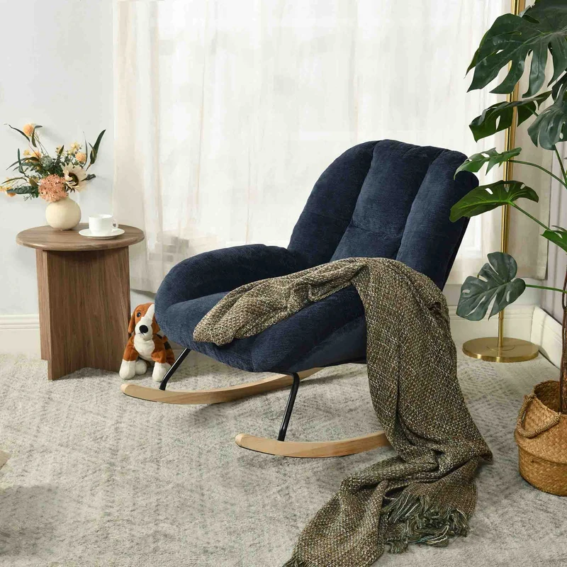 Fauteuil à bascule scandinave en tissu chenille avec accoudoirs pour salon ou chambre à coucher, bleu - LITHOPS