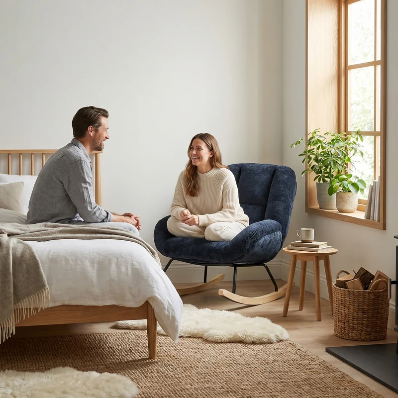 Fauteuil à bascule scandinave en tissu chenille avec accoudoirs pour salon ou chambre à coucher, bleu - LITHOPS